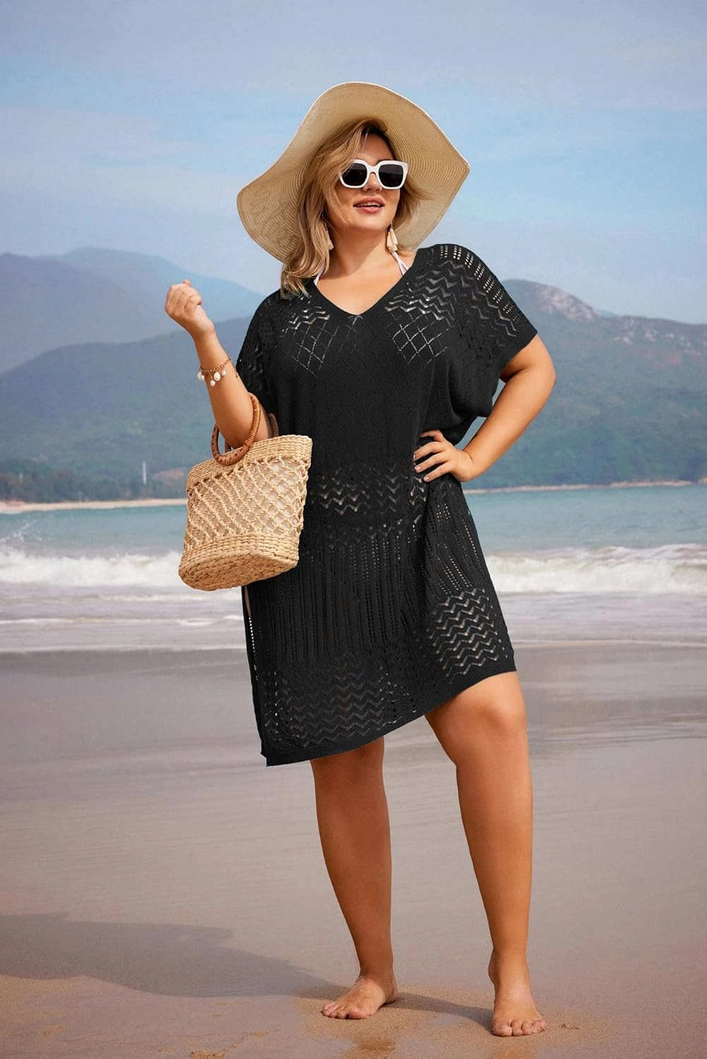 Hanna Nikole Plus Size Swimsuit Cover Up Women Split Hem Crochet Coverups Swimwear Cool Pullover Bathing Suit Cover Up Beach