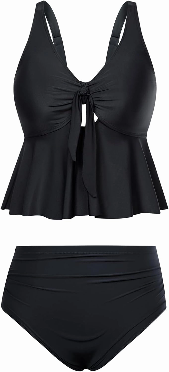 Hanna Nikole Women Plus Size 2 Piece V Neck Tie Tankini Swimsuit with Tummy Control Bikini Bottoms Bathing Suits