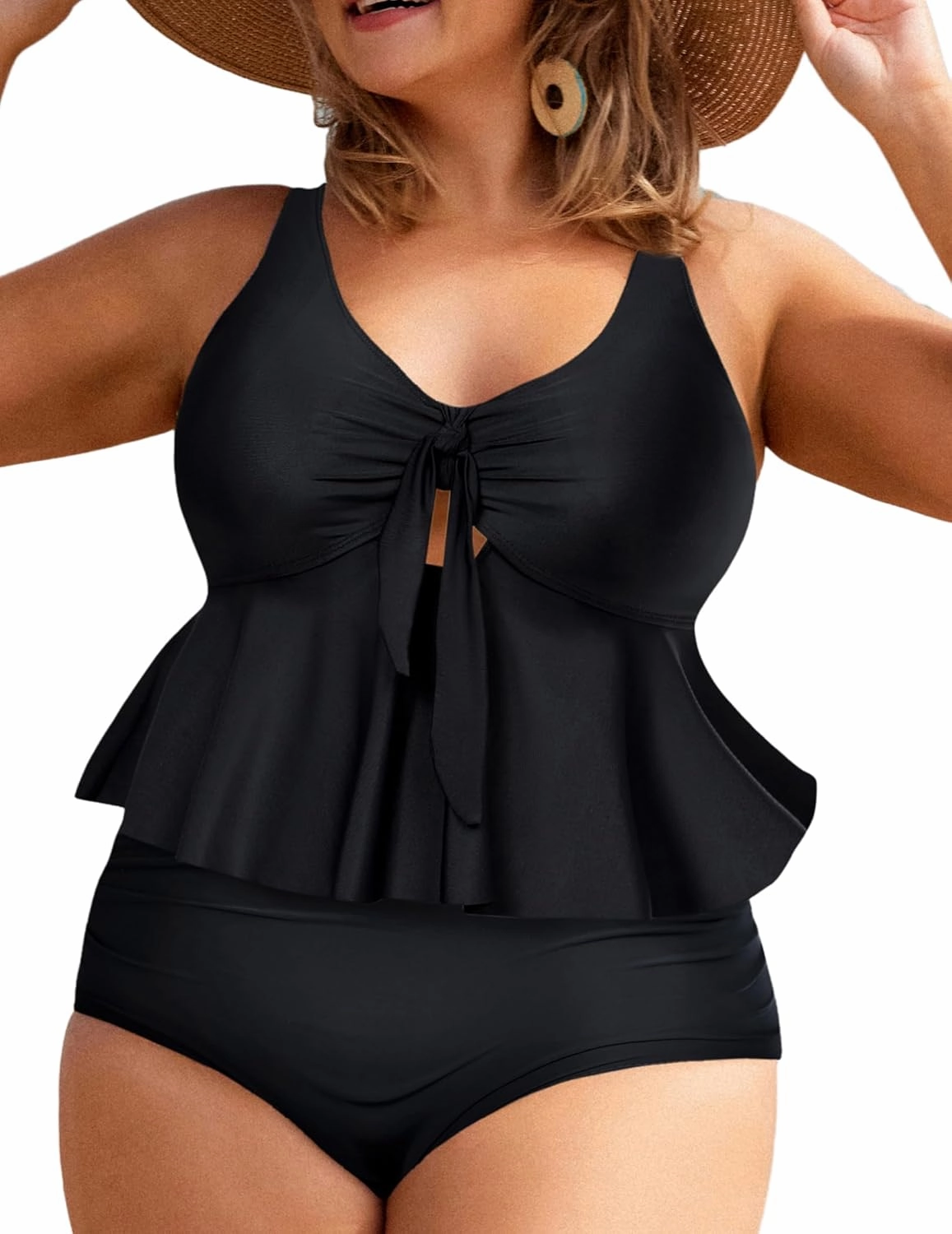Hanna Nikole Women Plus Size 2 Piece V Neck Tie Tankini Swimsuit with Tummy Control Bikini Bottoms Bathing Suits