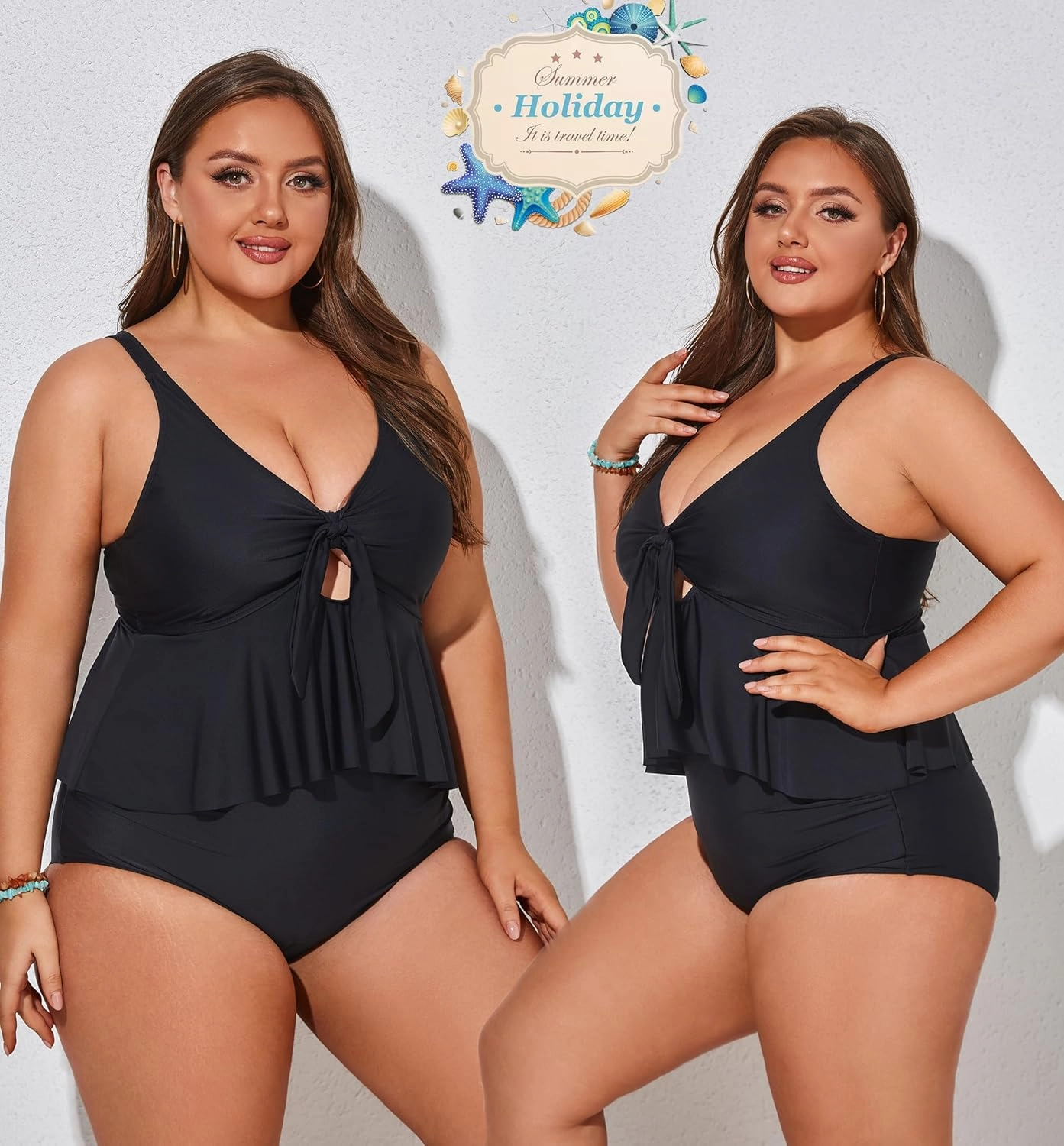 Hanna Nikole Women Plus Size 2 Piece V Neck Tie Tankini Swimsuit with Tummy Control Bikini Bottoms Bathing Suits