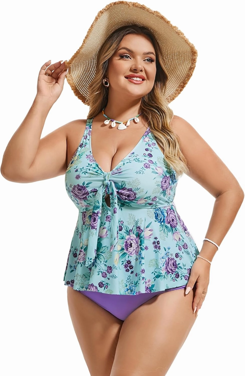 Hanna Nikole Women Plus Size 2 Piece V Neck Tie Tankini Swimsuit with Tummy Control Bikini Bottoms Bathing Suits