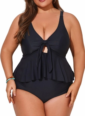 Hanna Nikole Women Plus Size 2 Piece V Neck Tie Tankini Swimsuit with Tummy Control Bikini Bottoms Bathing Suits