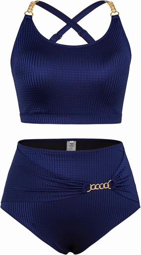 Hanna Nikole Women Plus Size Bikini Sets High Waist Tummy Control Ribbed Texture Swimsuit
