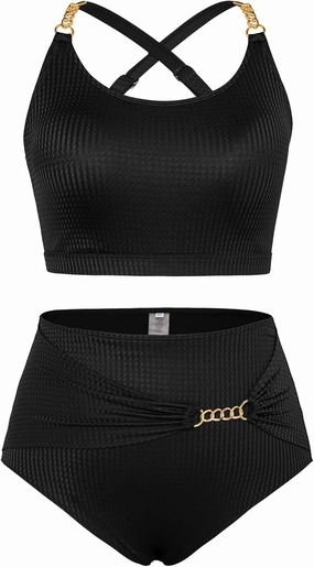 Hanna Nikole Women Plus Size Bikini Sets High Waist Tummy Control Ribbed Texture Swimsuit