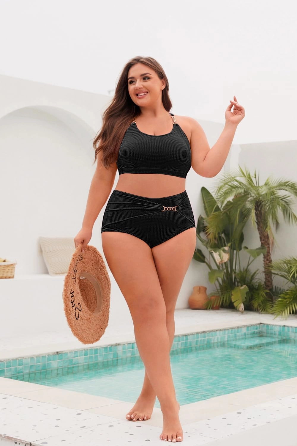 Hanna Nikole Women Plus Size Bikini Sets High Waist Tummy Control Ribbed Texture Swimsuit