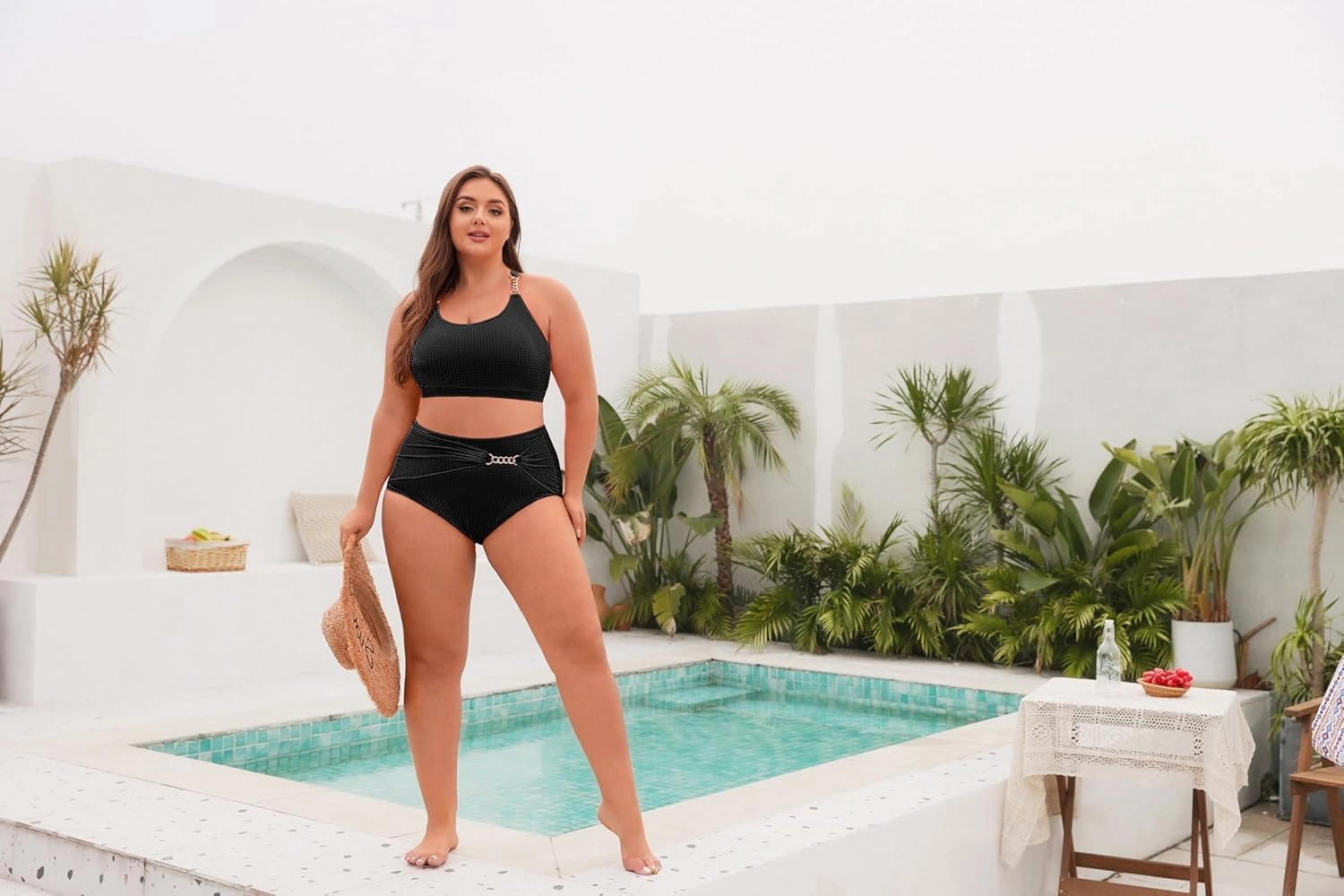 Hanna Nikole Women Plus Size Bikini Sets High Waist Tummy Control Ribbed Texture Swimsuit