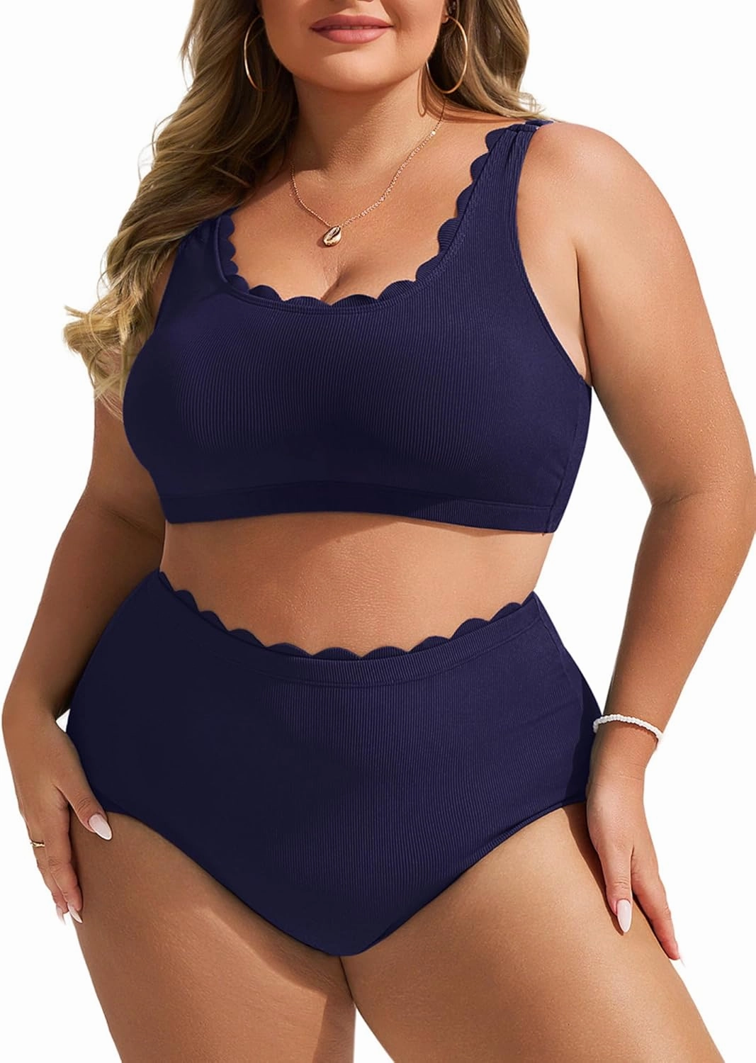 Hanna Nikole Women Plus Size High Waisted Bikini Swimsuits Ribbed Tummy Control Bikini Sets Scalloped Bathing Suits