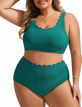 Hanna Nikole Women Plus Size High Waisted Bikini Swimsuits Ribbed Tummy Control Bikini Sets Scalloped Bathing Suits
