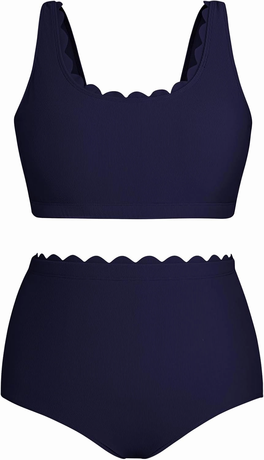 Hanna Nikole Women Plus Size High Waisted Bikini Swimsuits Ribbed Tummy Control Bikini Sets Scalloped Bathing Suits