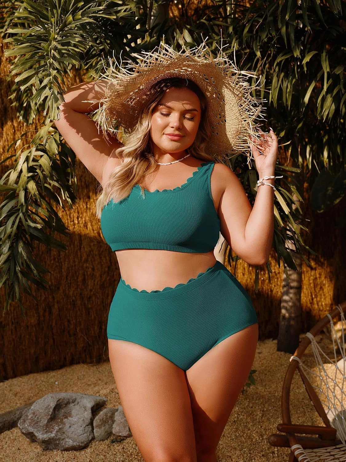 Hanna Nikole Women Plus Size High Waisted Bikini Swimsuits Ribbed Tummy Control Bikini Sets Scalloped Bathing Suits