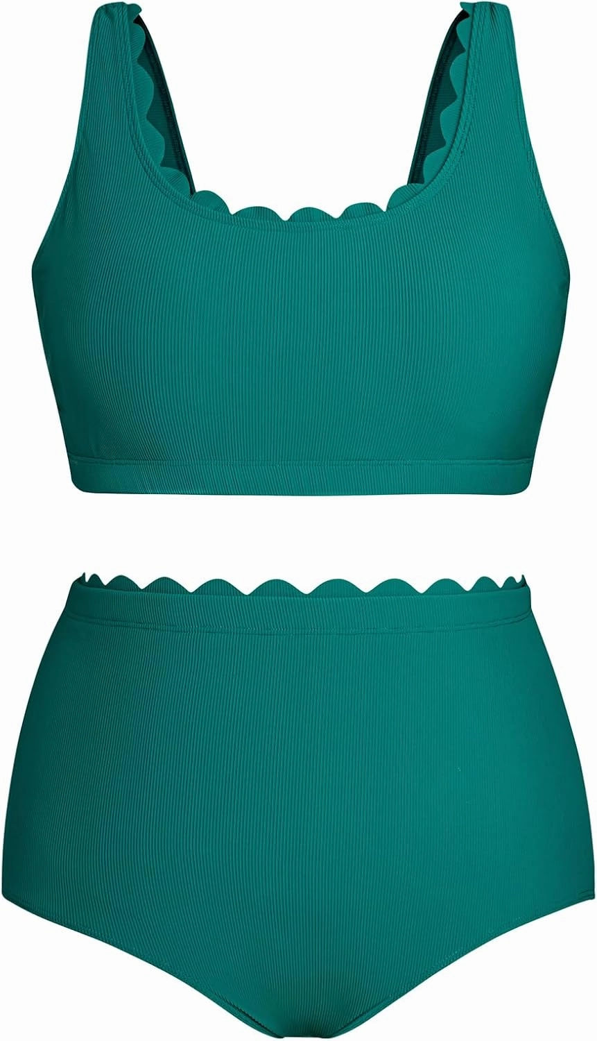 Hanna Nikole Women Plus Size High Waisted Bikini Swimsuits Ribbed Tummy Control Bikini Sets Scalloped Bathing Suits