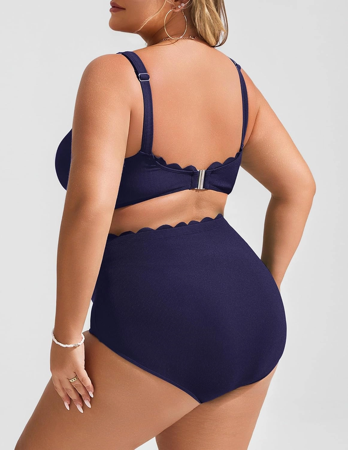 Hanna Nikole Women Plus Size High Waisted Bikini Swimsuits Ribbed Tummy Control Bikini Sets Scalloped Bathing Suits