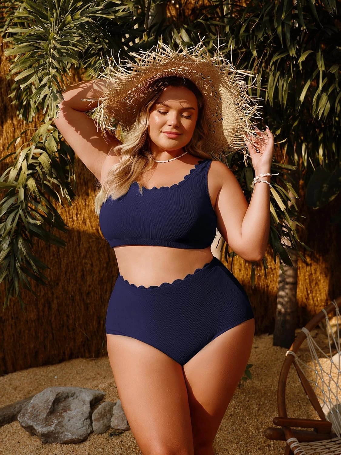 Hanna Nikole Women Plus Size High Waisted Bikini Swimsuits Ribbed Tummy Control Bikini Sets Scalloped Bathing Suits