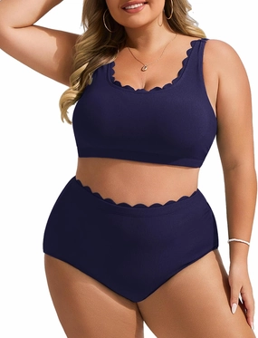 Hanna Nikole Women Plus Size High Waisted Bikini Swimsuits Ribbed Tummy Control Bikini Sets Scalloped Bathing Suits
