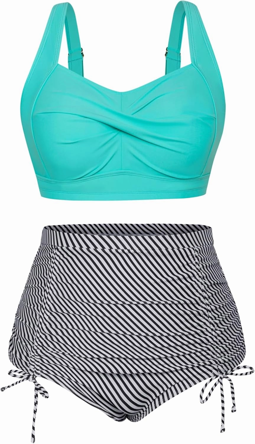 Hanna Nikole Women Plus Size Two Piece Swimsuit Sets Twist Front Bikini Bathing Suit with Drawstring Ruched Bottom