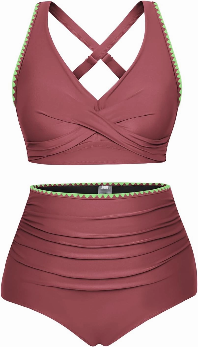 Hanna Nikole Women Two Piece Swimsuit High Waisted Bikini Sets Tummy Control Bathing Suit Plus Size Color Block Swimwear