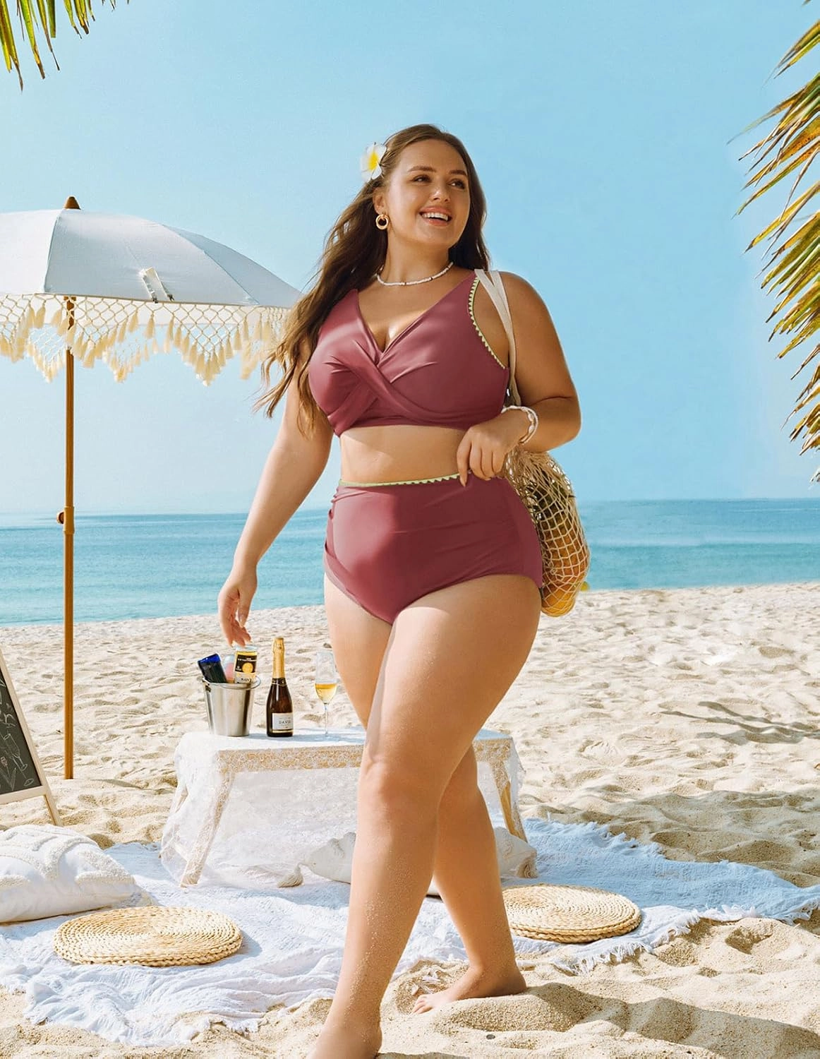 Hanna Nikole Women Two Piece Swimsuit High Waisted Bikini Sets Tummy Control Bathing Suit Plus Size Color Block Swimwear