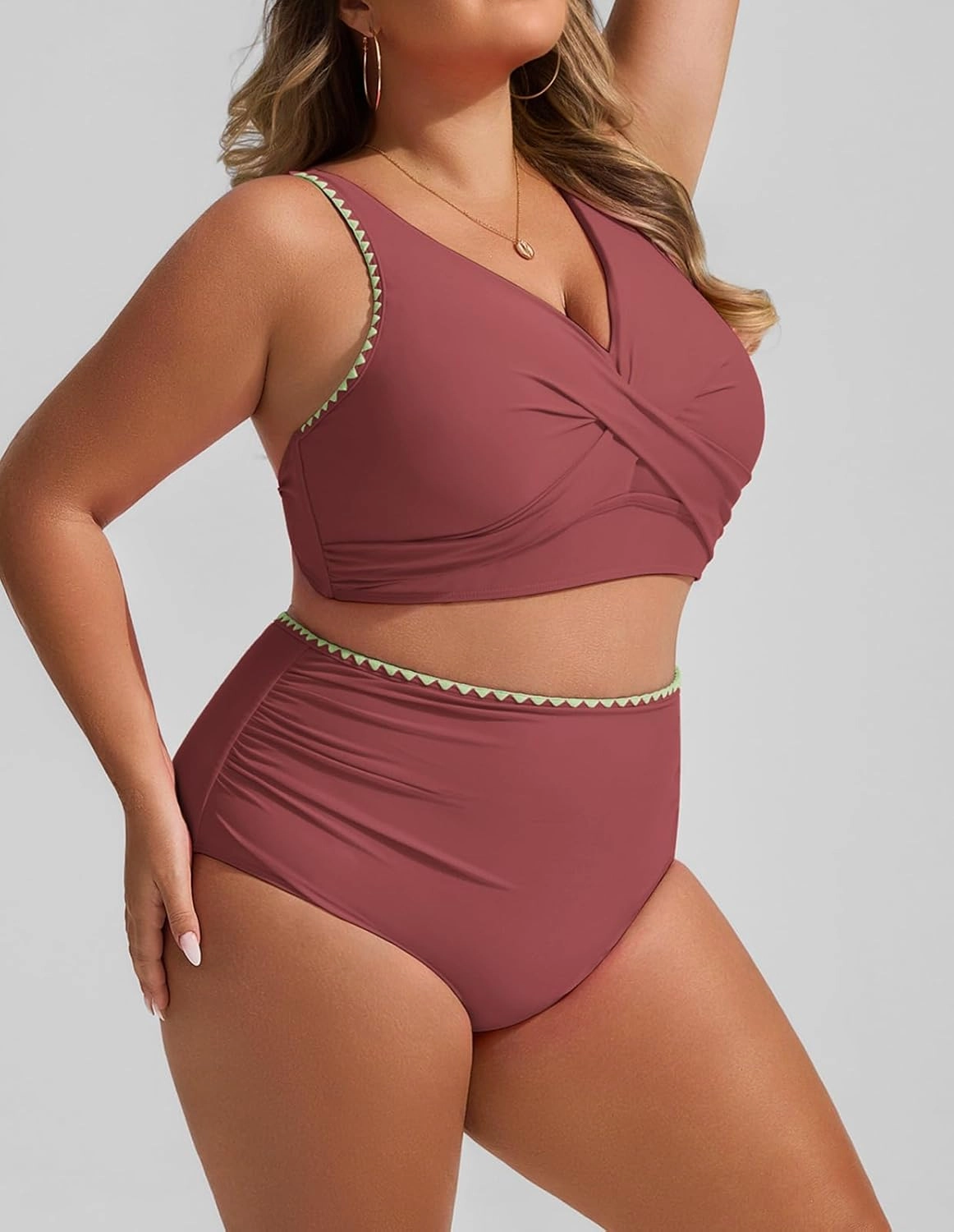 Hanna Nikole Women Two Piece Swimsuit High Waisted Bikini Sets Tummy Control Bathing Suit Plus Size Color Block Swimwear