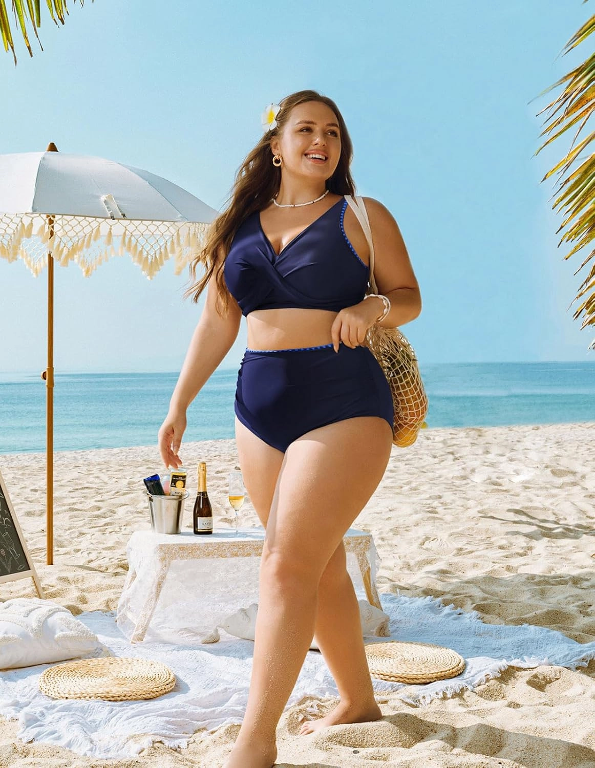 Hanna Nikole Women Two Piece Swimsuit High Waisted Bikini Sets Tummy Control Bathing Suit Plus Size Color Block Swimwear