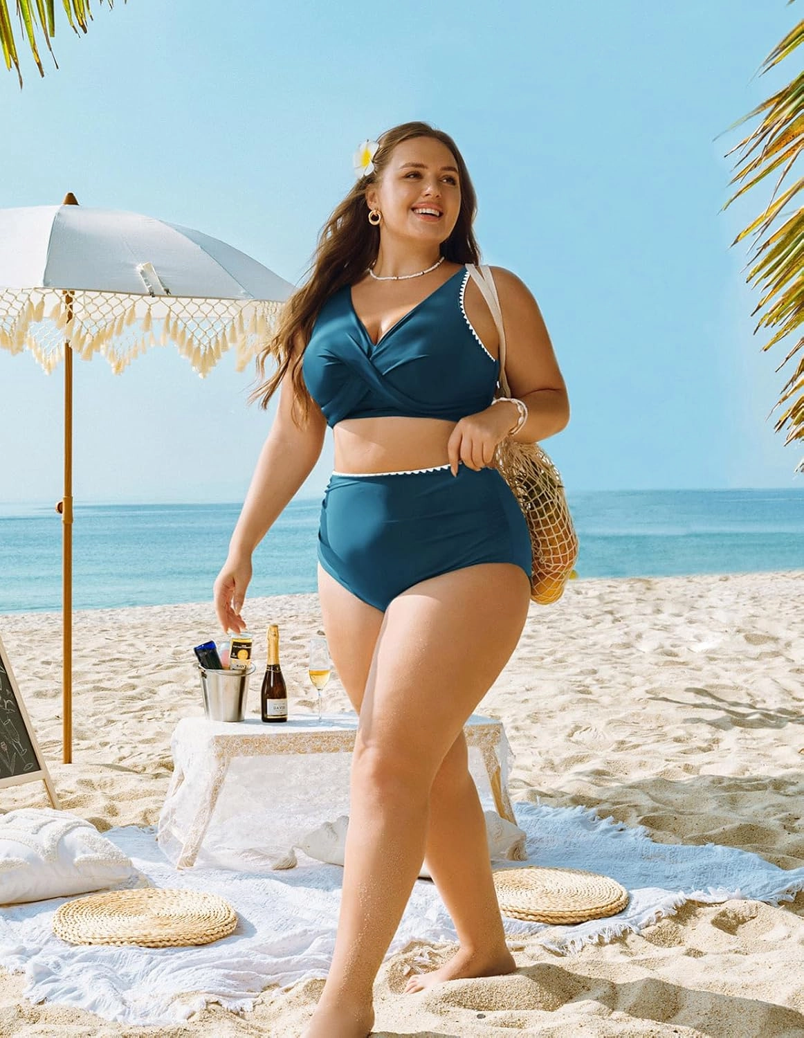 Hanna Nikole Women Two Piece Swimsuit High Waisted Bikini Sets Tummy Control Bathing Suit Plus Size Color Block Swimwear