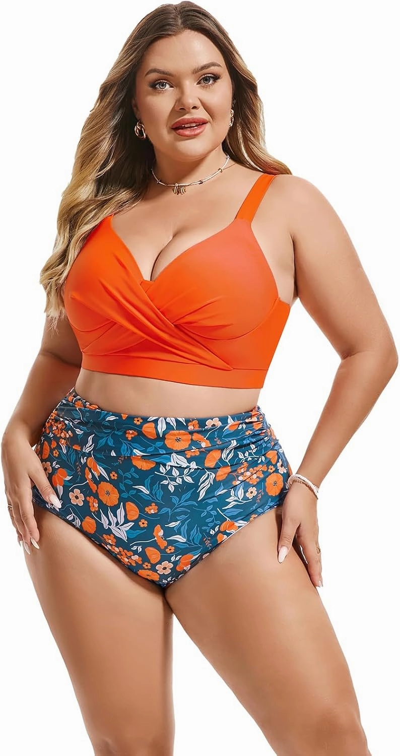 Hanna Nikole Womens Plus Size Bikini Set Two Piece High Waisted Swimsuits Tummy Control Bathing Suit Twist Front Swimwear