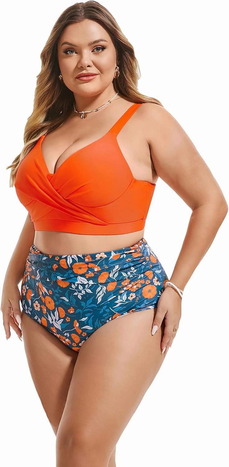 Hanna Nikole Womens Plus Size Bikini Set Two Piece High Waisted Swimsuits Tummy Control Bathing Suit Twist Front Swimwear