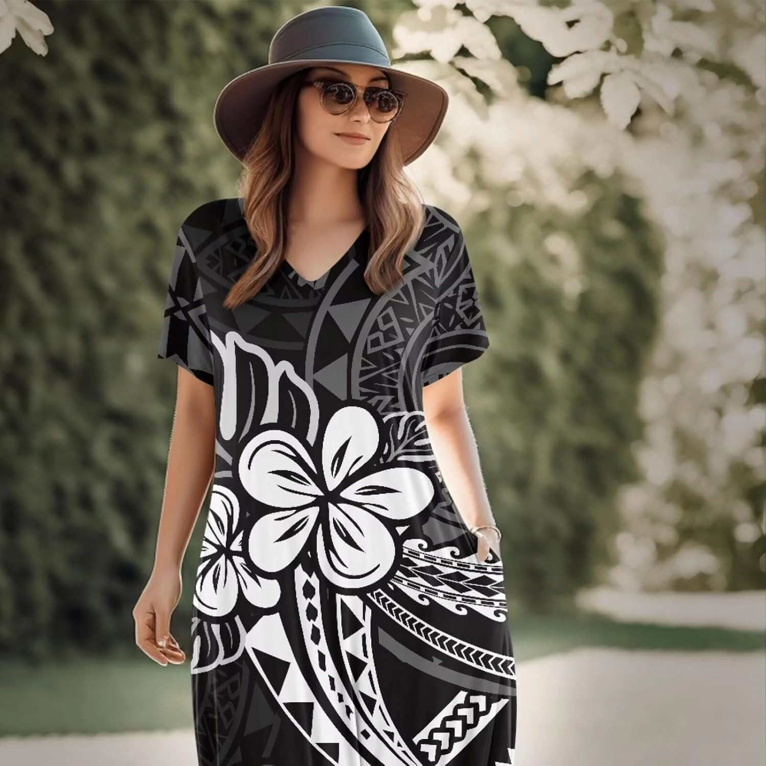 Hawaiian Mumu Dresses for Women with Pockets Short Sleeve Summer Dresses Boho Plus Size Dresses for Women