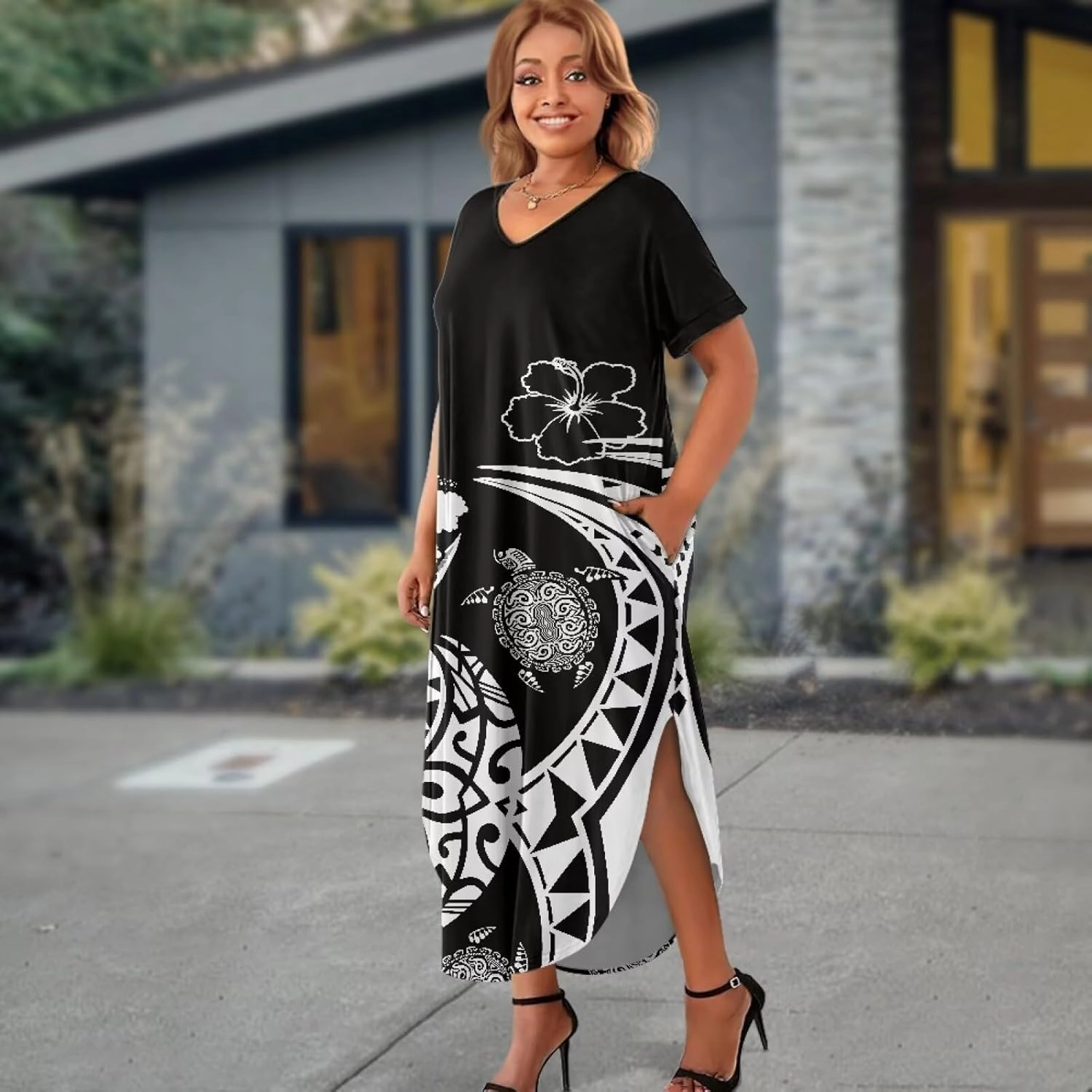 Hawaiian Mumu Dresses for Women with Pockets Short Sleeve Summer Dresses Boho Plus Size Dresses for Women