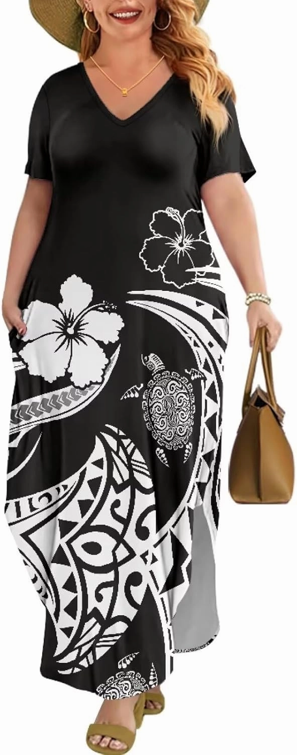 Hawaiian Mumu Dresses for Women with Pockets Short Sleeve Summer Dresses Boho Plus Size Dresses for Women
