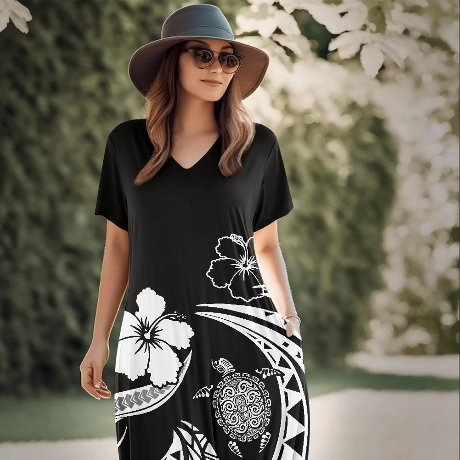 Hawaiian Mumu Dresses for Women with Pockets Short Sleeve Summer Dresses Boho Plus Size Dresses for Women