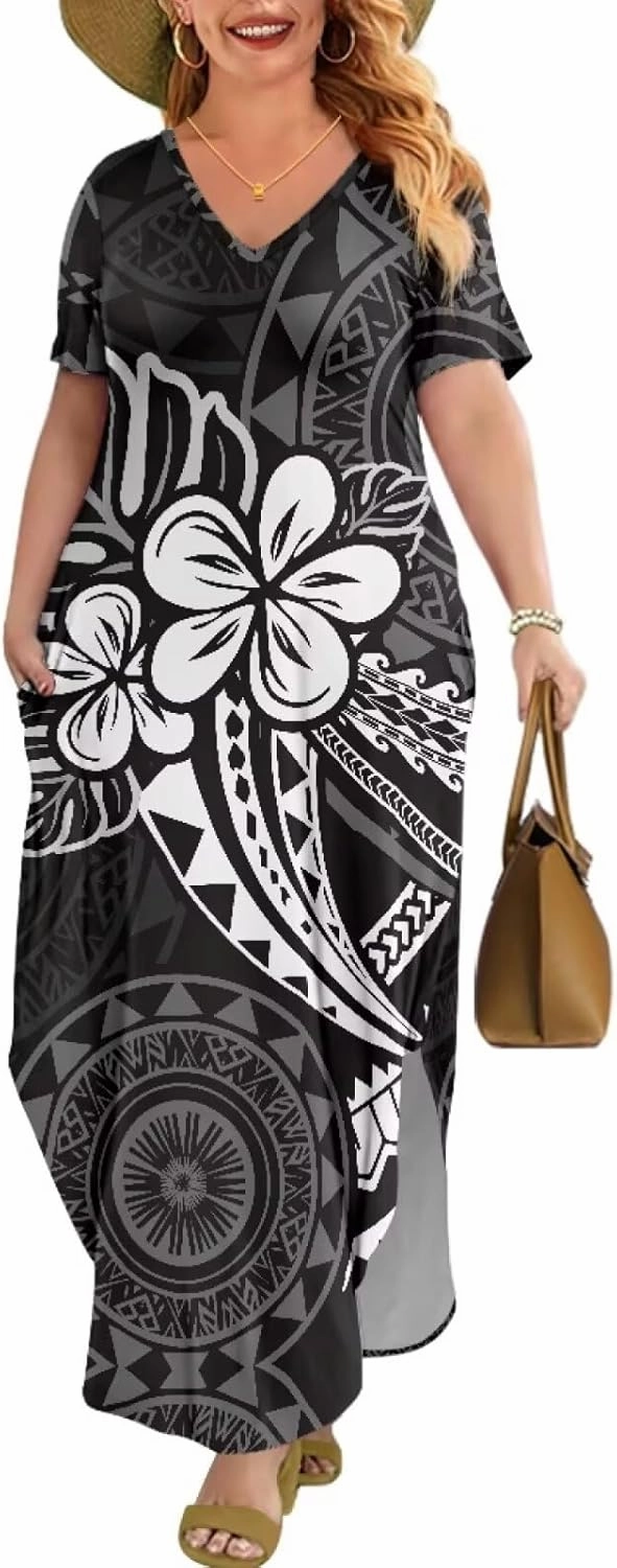 Hawaiian Mumu Dresses for Women with Pockets Short Sleeve Summer Dresses Boho Plus Size Dresses for Women