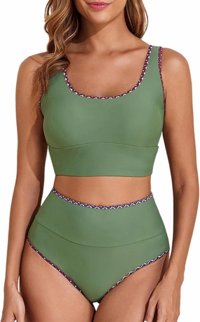 Herseas 2 Piece Bikini Set for Women Color Block 2025 Sporty Longline Swim Top with High Waisted Swimsuit Bottom