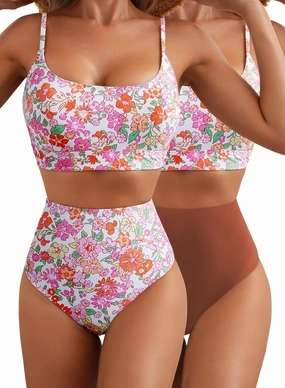 Herseas 2 Piece High Waisted Bikini Set for Women 2025 Spaghetti Straps Swim Top with Reversible Bottom Bathing Suit