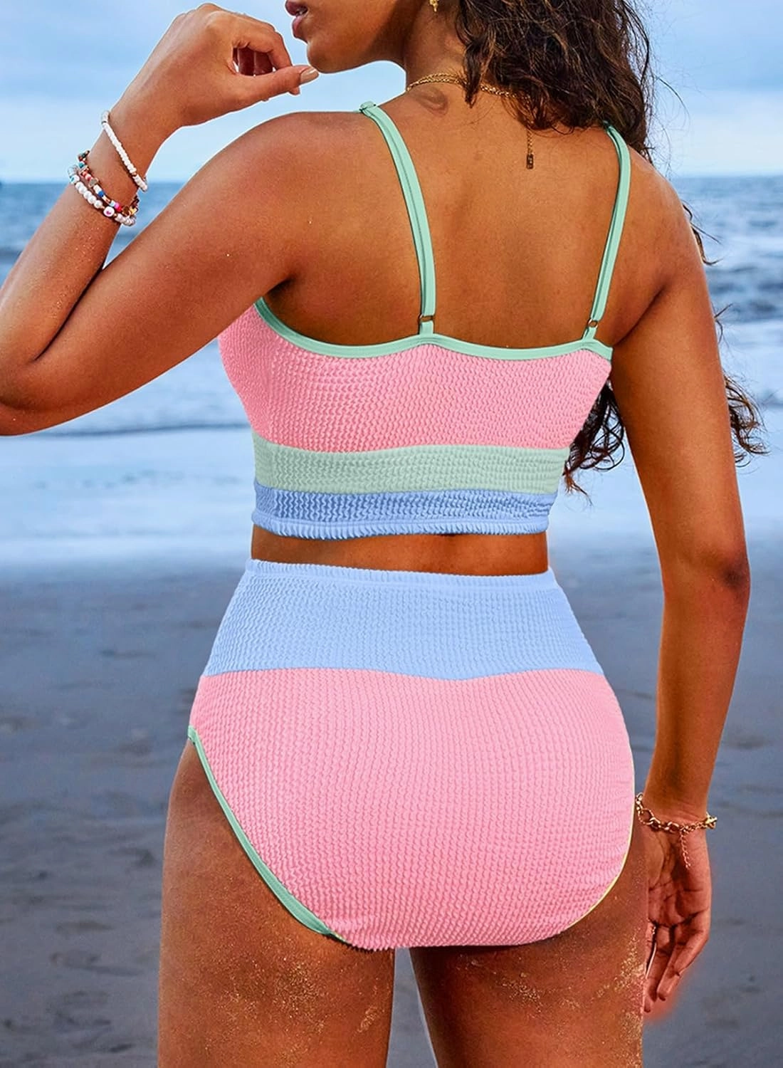 Herseas Women 2 Piece Bikini Set High Waisted Color Block Swimsuit 2025 Summer Beach Scrunch Ribbed Bathing Suit