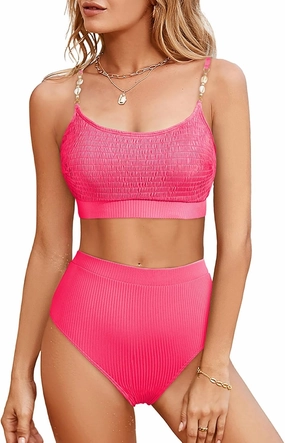 Herseas Women's 2 Piece Bikini Set Shirred Solid Color High Waisted Shell Strap 2025 Summer Beach Swim Bathing Suit