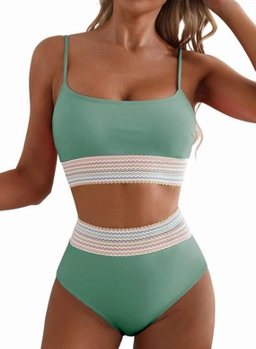 Herseas Women's Bikini Sets Colorblock Trim 2 Piece High Waisted Swimsuit Scoop Neck Adjustable Spaghetti Straps Bathing Suit