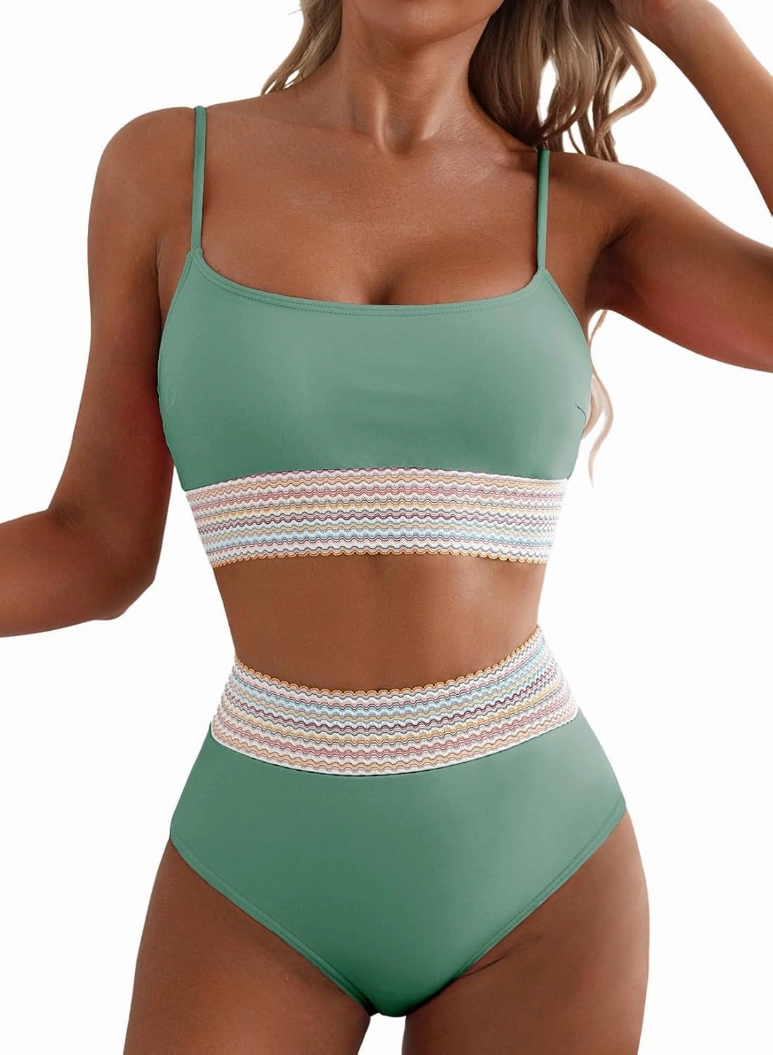 Herseas Women's Bikini Sets Colorblock Trim 2 Piece High Waisted Swimsuit Scoop Neck Adjustable Spaghetti Straps Bathing Suit