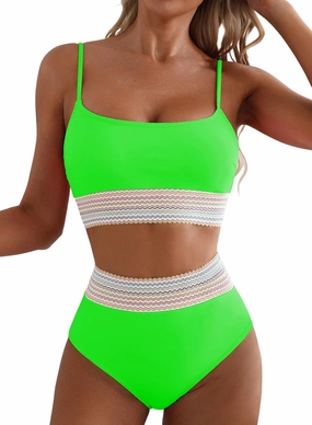 Herseas Women's Bikini Sets Colorblock Trim 2 Piece High Waisted Swimsuit Scoop Neck Adjustable Spaghetti Straps Bathing Suit