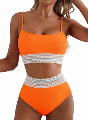 Herseas Women's Bikini Sets Colorblock Trim 2 Piece High Waisted Swimsuit Scoop Neck Adjustable Spaghetti Straps Bathing Suit