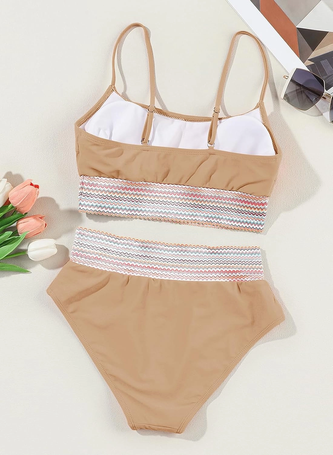 Herseas Women's Bikini Sets Colorblock Trim 2 Piece High Waisted Swimsuit Scoop Neck Adjustable Spaghetti Straps Bathing Suit