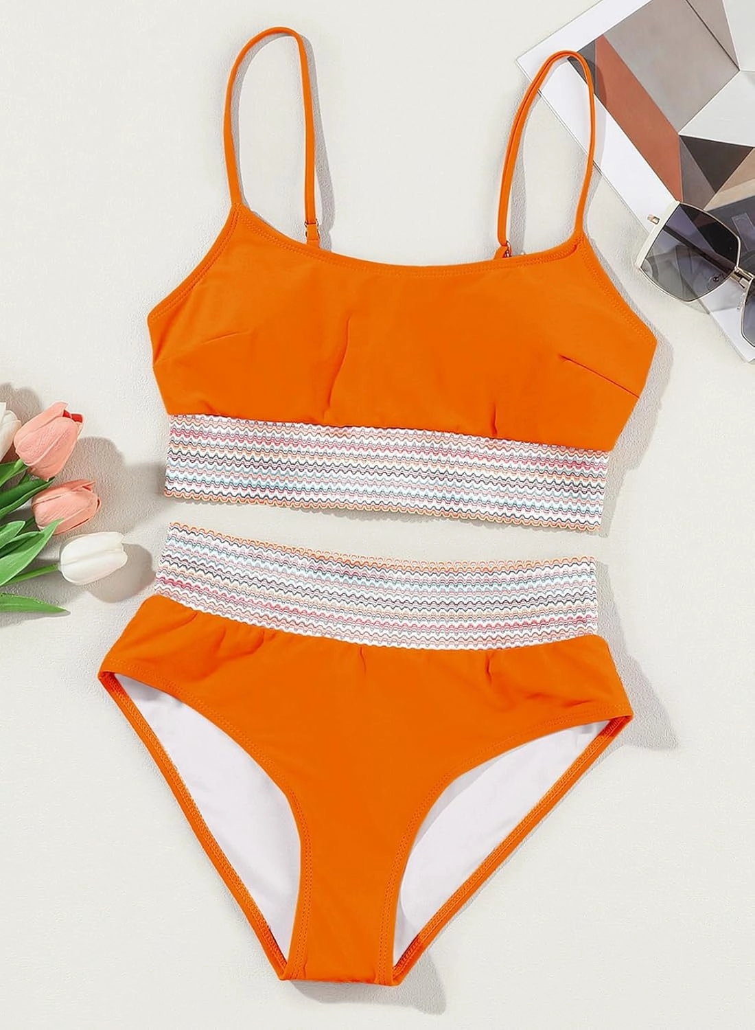 Herseas Women's Bikini Sets Colorblock Trim 2 Piece High Waisted Swimsuit Scoop Neck Adjustable Spaghetti Straps Bathing Suit
