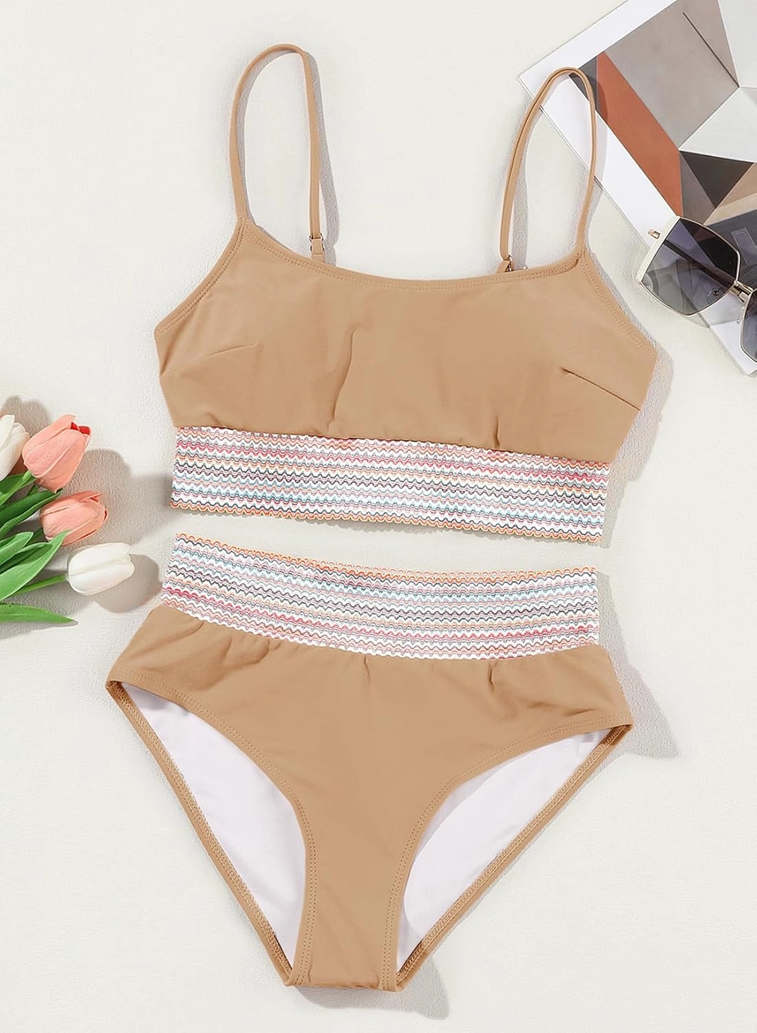 Herseas Women's Bikini Sets Colorblock Trim 2 Piece High Waisted Swimsuit Scoop Neck Adjustable Spaghetti Straps Bathing Suit