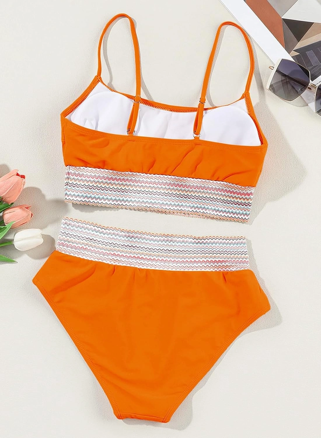 Herseas Women's Bikini Sets Colorblock Trim 2 Piece High Waisted Swimsuit Scoop Neck Adjustable Spaghetti Straps Bathing Suit