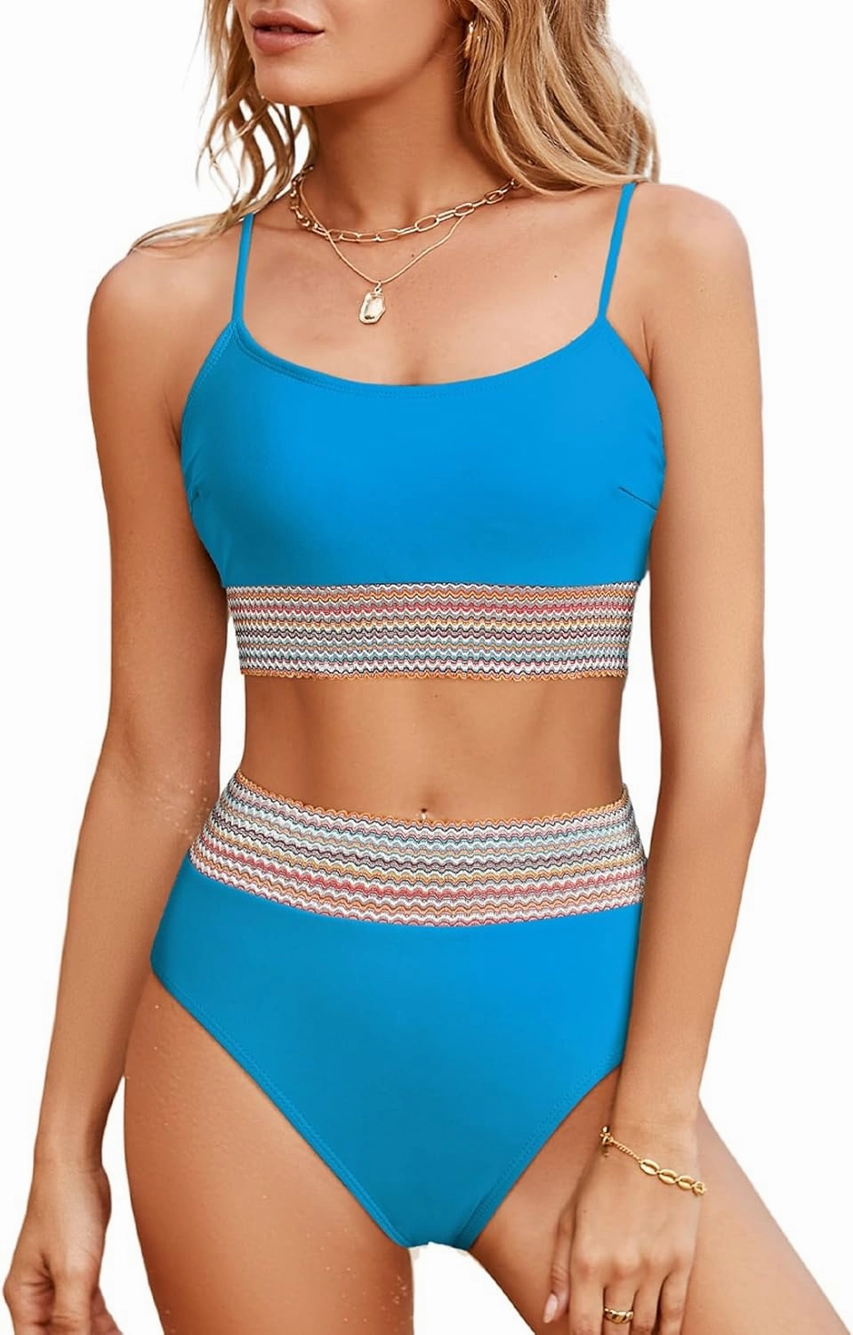 Herseas Women's Bikini Sets Colorblock Trim 2 Piece High Waisted Swimsuit Scoop Neck Adjustable Spaghetti Straps Bathing Suit