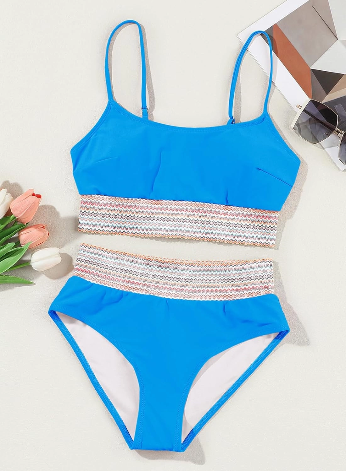 Herseas Women's Bikini Sets Colorblock Trim 2 Piece High Waisted Swimsuit Scoop Neck Adjustable Spaghetti Straps Bathing Suit