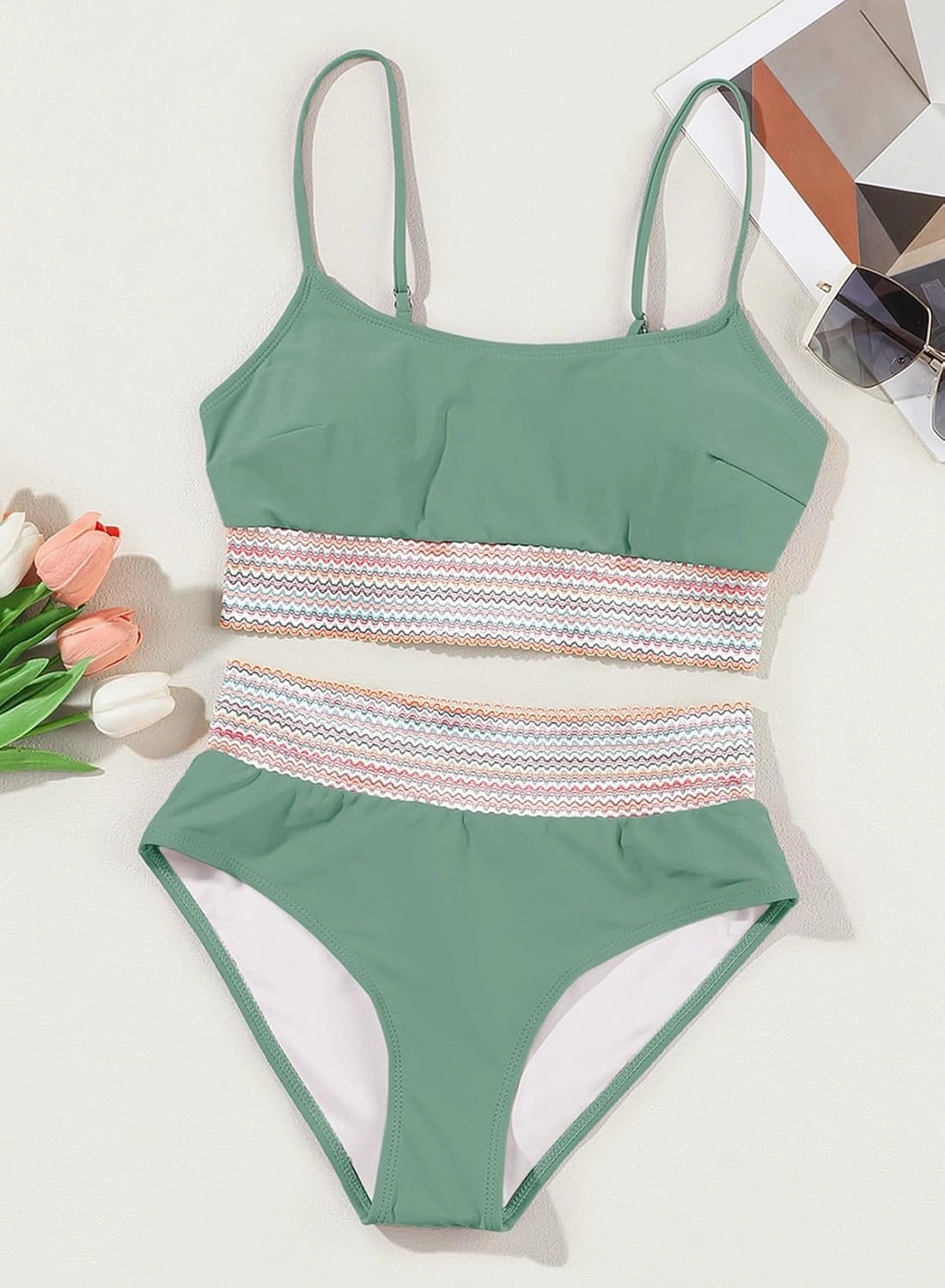 Herseas Women's Bikini Sets Colorblock Trim 2 Piece High Waisted Swimsuit Scoop Neck Adjustable Spaghetti Straps Bathing Suit