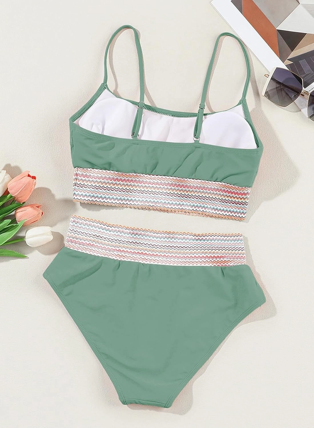 Herseas Women's Bikini Sets Colorblock Trim 2 Piece High Waisted Swimsuit Scoop Neck Adjustable Spaghetti Straps Bathing Suit