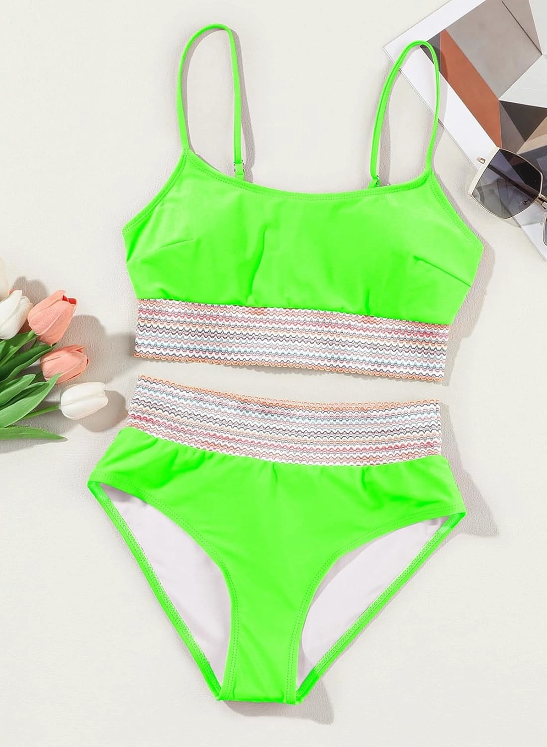 Herseas Women's Bikini Sets Colorblock Trim 2 Piece High Waisted Swimsuit Scoop Neck Adjustable Spaghetti Straps Bathing Suit