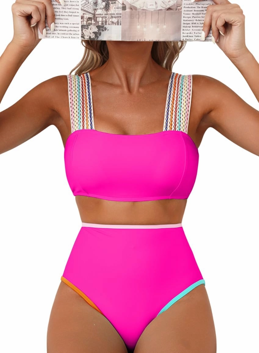Herseas Women's Bikini Sets Colorblock Wide Strap 2 Piece Swimsuits High Waisted Square Neck Bathing Suits