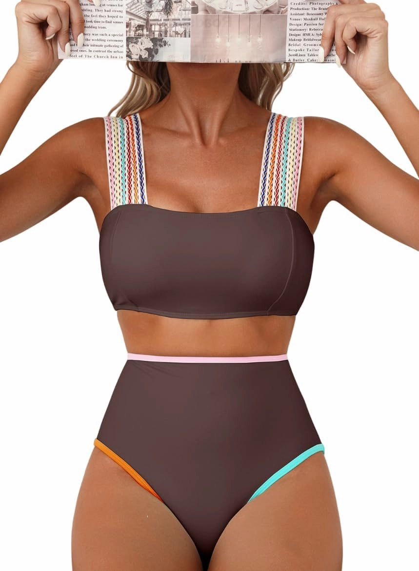 Herseas Women's Bikini Sets Colorblock Wide Strap 2 Piece Swimsuits High Waisted Square Neck Bathing Suits